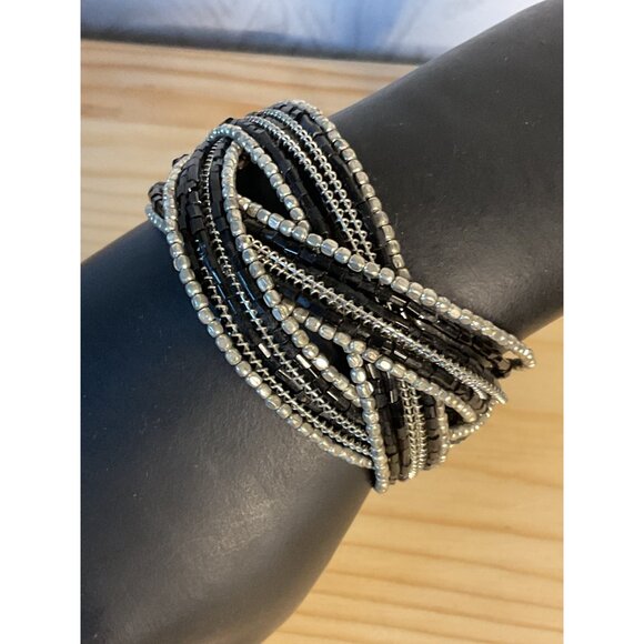 Multi-Strand Beaded Bracelet For Women Black & Silver Wrap Style - Picture 3 of 4